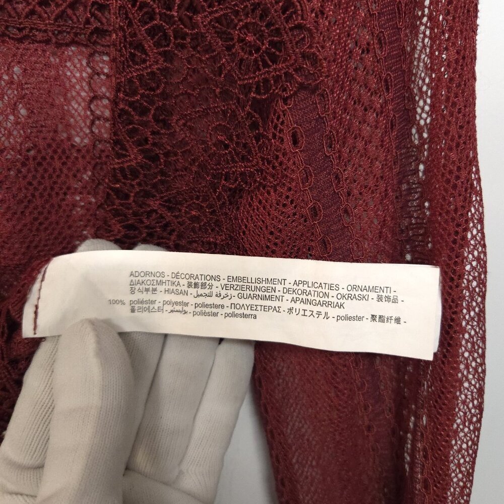 Zara Sheer Lace Blouse S Smocked Ruffle Burgundy Red Boho Romantic Whimsigoth - Picture 11 of 15
